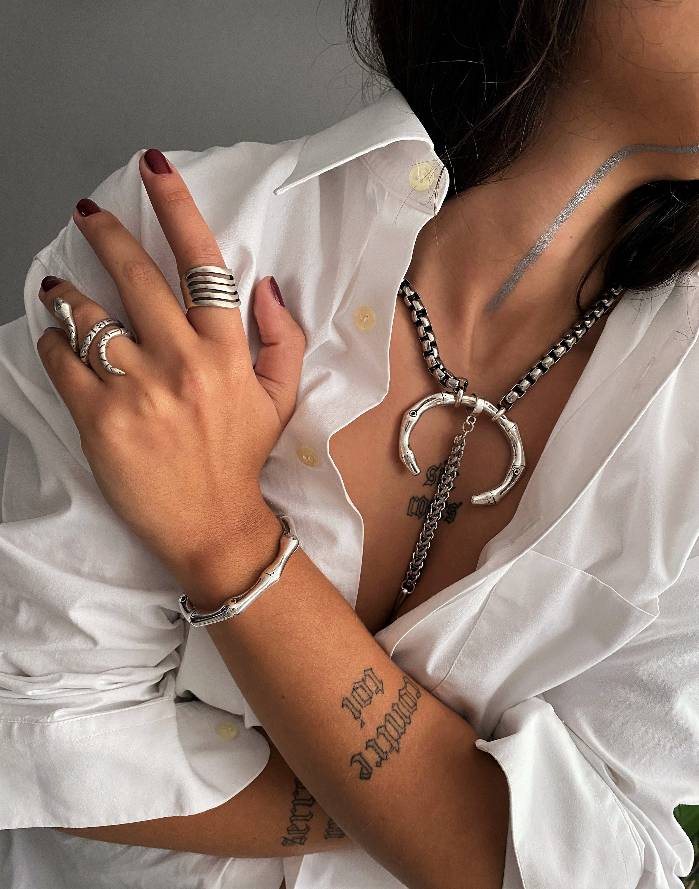 Punk Rock Style Silver Bamboo Open Cuff• Edgy Antique Unique