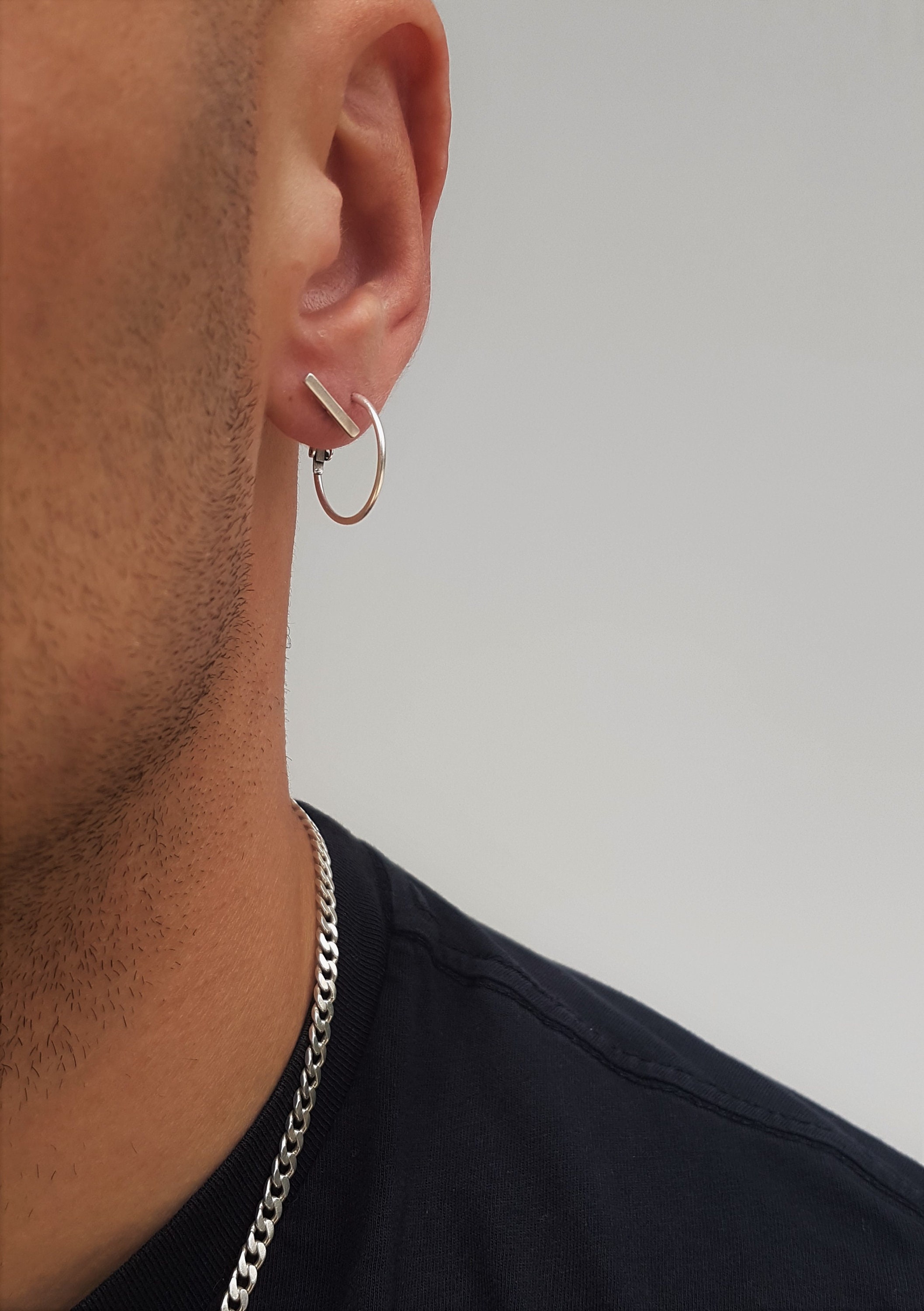 Mens Little Silver BAR Earrings Minimal VERTICAL LINE Earrings