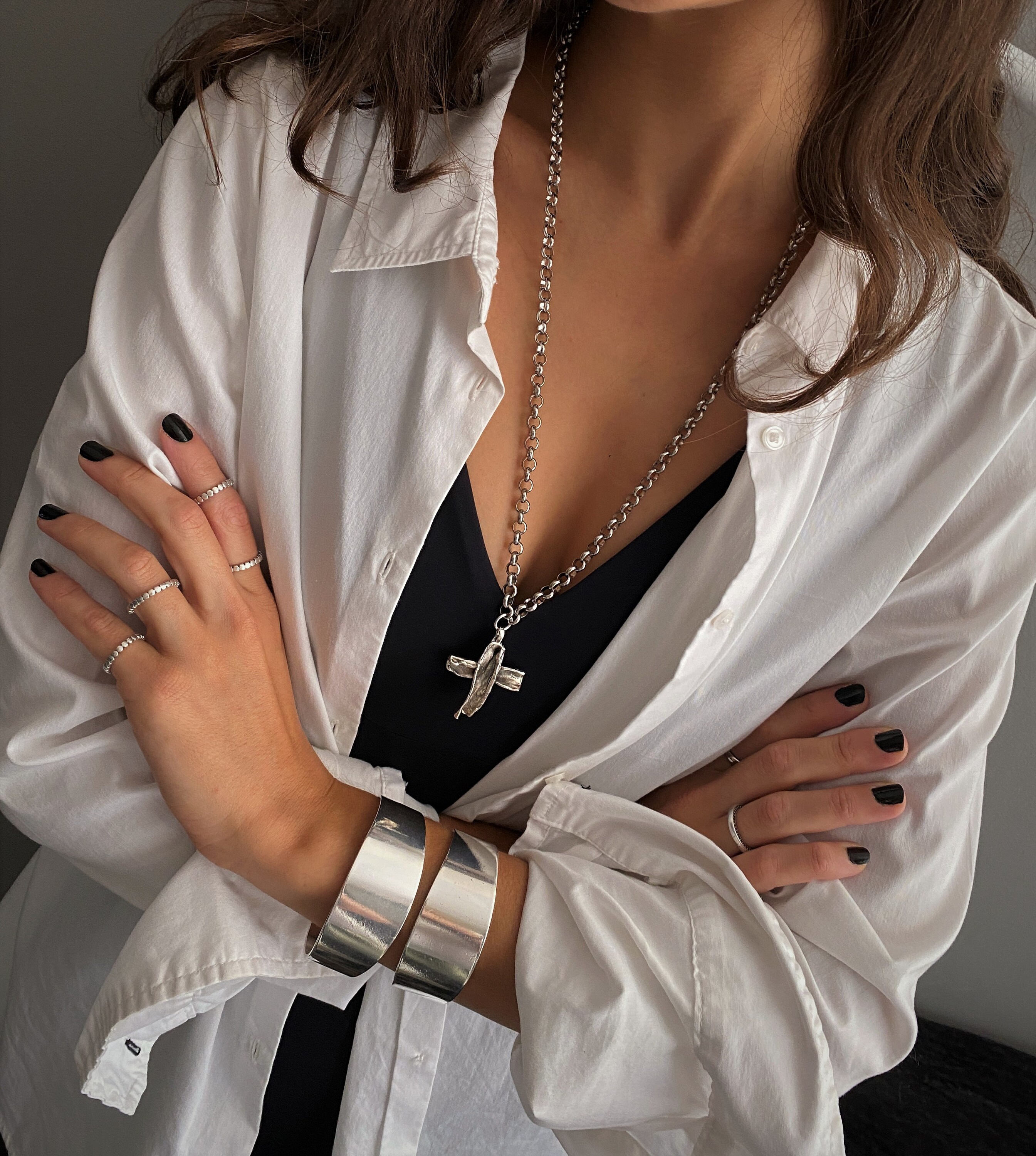 Unisex Bold Antique Silver Cross Necklace Silver Chunky Chain