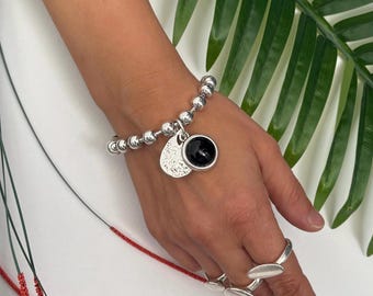 Pulsera de plata para mujer, pulsera de cadena gruesa con piedra negra,  pulsera de cadena de bolas gruesa de plata, pulsera estilo Uno de 50, regalo