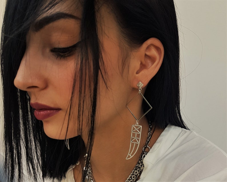 Large wireframe horn silver earrings gift for her bold light weight drop earrings modern square long earrings geometric dangle earrings
