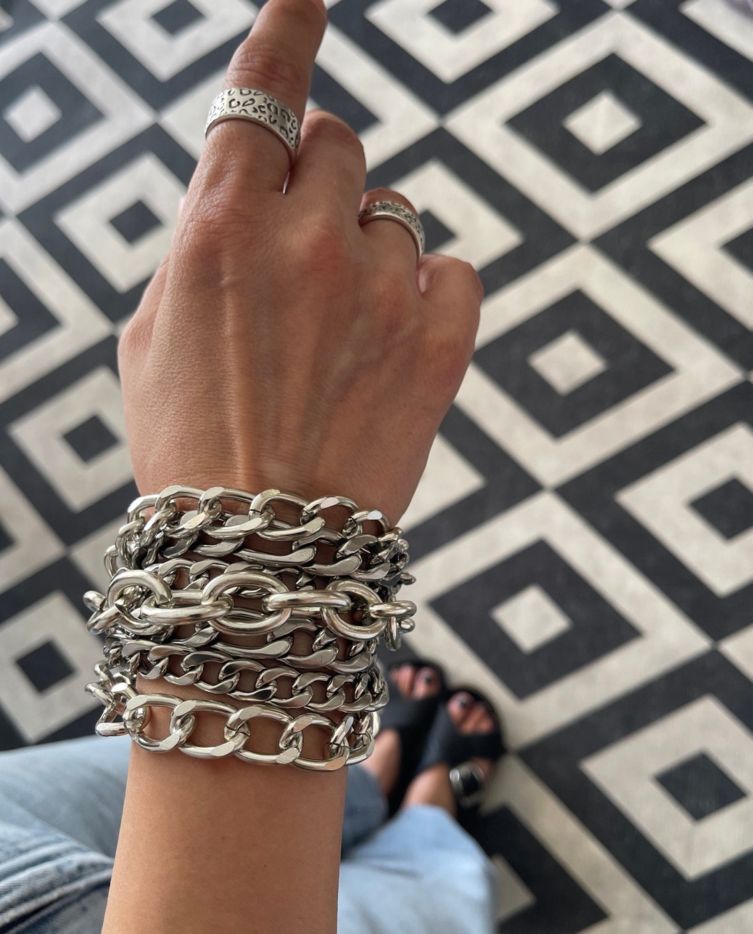 Silver Multi Chunky Chains Bracelet Heavy Stainless Steel Chains ...