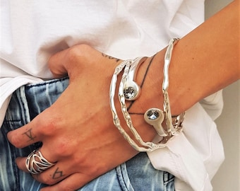 Set of three silver chunky bangles, branch bangles, silver damaged twisted bangles, stackable engraved armbands, bangle set, gift for her