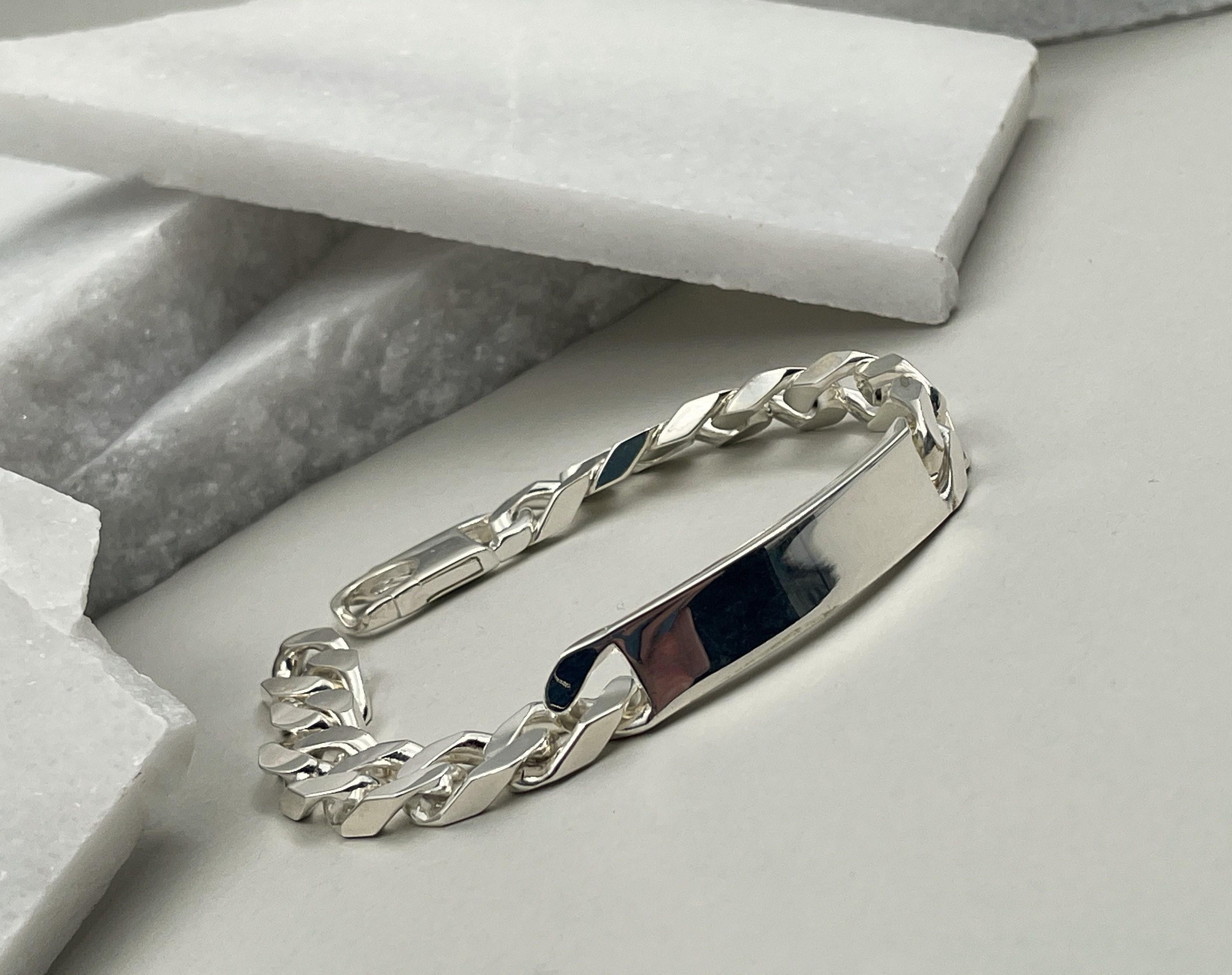 Sterling Silver 925 Heavy ID Tag Bracelet• Gourmette Chain Unisex 
