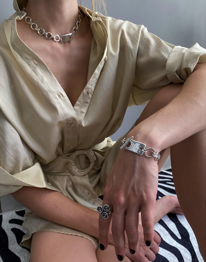 Frauen Antik Silber Halsband, mutige Kette Silber ID-Tag-Kragen, klobige Kette-Rock-Stil Kragen Halskette, gewagte einzigartige Kette Choker Bild 12