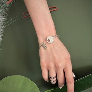 Antique silver key shaped cuff bracelet, wrap around key bracelet, row silver plated stacking bangle, adjustable key bracelet, womens gift