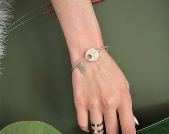 Antique silver key shaped cuff bracelet, wrap around key bracelet, row silver plated stacking bangle, adjustable key bracelet, womens gift