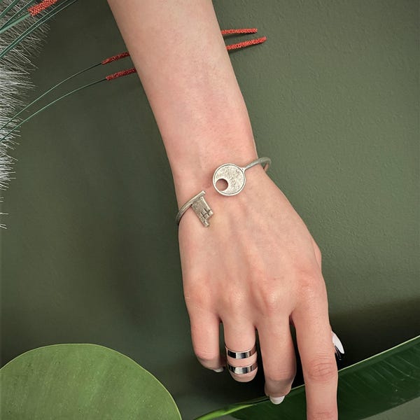 Antique silver key shaped cuff bracelet, wrap around key bracelet, row silver plated stacking bangle, adjustable key bracelet, womens gift