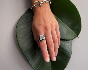 Minimalist Silver Oval Signet Ring: Waterproof Stainless Steel Wide Ring