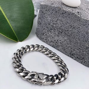 Chunky Stainless Steel Buckle Curb Chain Bracelet: Solid Waterproof Rock Style Chain