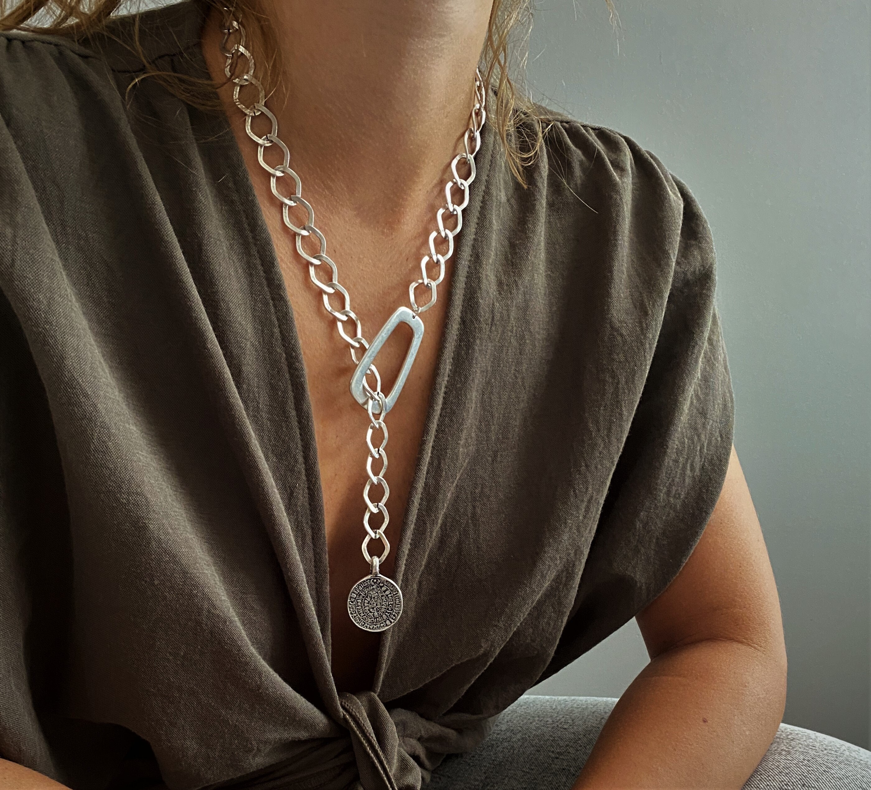 Silver Plated Statement Coin Necklace Chunky Chain Lariat