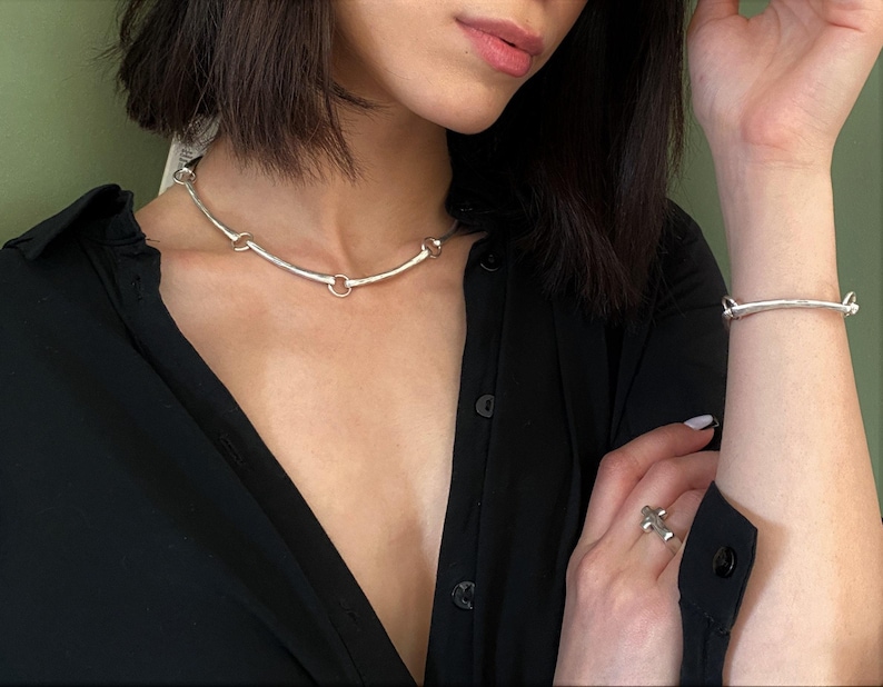 Long Curved Links Adjustable Choker• Rock Style Costume Piece Necklace• Minimal Dark Silver Short Necklace• by AnAngelsHug• Gift For Her