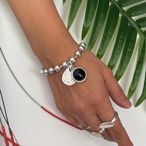 Pulsera de plata para mujer, pulsera de cadena gruesa con piedra negra, pulsera de cadena de bolas gruesa de plata, pulsera estilo Uno de 50, regalo para mujer imagen 1