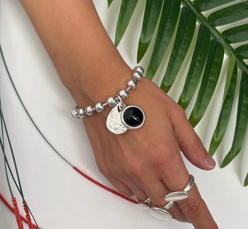 Pulsera de plata para mujer, pulsera de cadena gruesa con piedra negra, pulsera de cadena de bolas gruesa de plata, pulsera estilo Uno de 50, regalo para mujer imagen 1