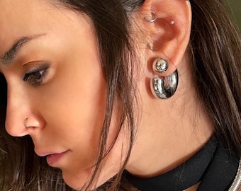 Bold Chunky Shiny Silver Hoops Ear Jackets: Stainless Steel Versatile Stud Earrings
