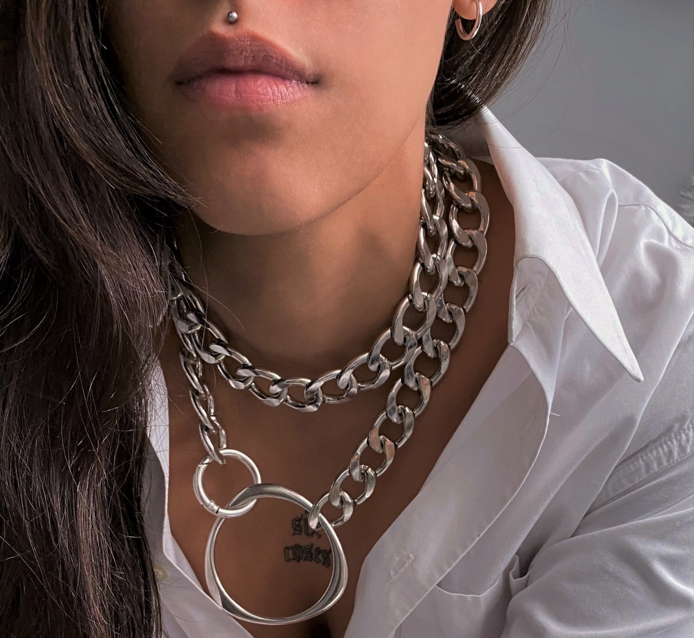Extra Large O Ring Clasp Curb Chain Necklace• Double Wrap
