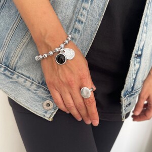 Pulsera de plata para mujer, pulsera de cadena gruesa con piedra negra, pulsera de cadena de bolas gruesa de plata, pulsera estilo Uno de 50, regalo para mujer imagen 3