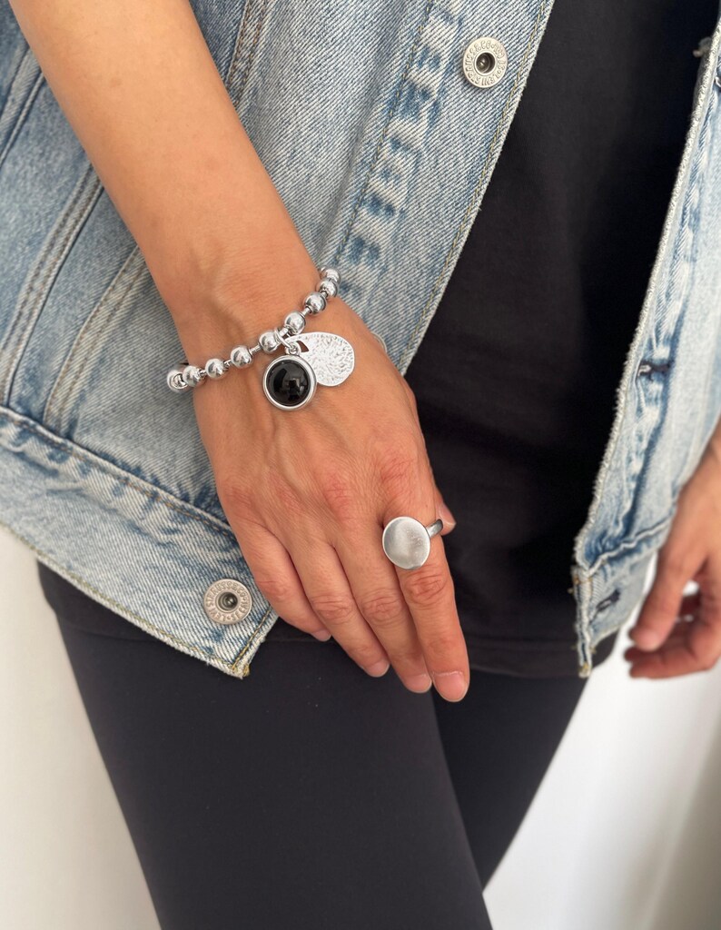 Pulsera de plata para mujer, pulsera de cadena gruesa con piedra negra, pulsera de cadena de bolas gruesa de plata, pulsera estilo Uno de 50, regalo para mujer imagen 3