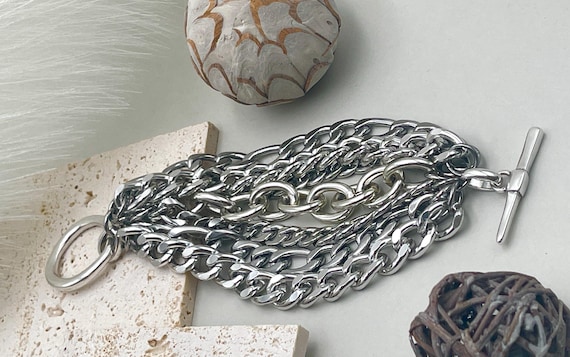 Silver Multi Chunky Chains Bracelet• Heavy Stainless Steel Chains