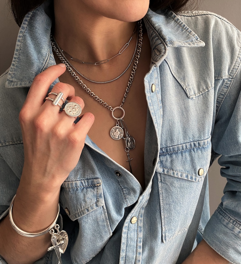 Silver triple strand layered adjustable choker, religious coins O ring multi chains necklace, bold lariat sword pendant, sharp edgy choker