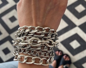 Silver Multi Chunky Chains Bracelet• Heavy Stainless Steel Chains