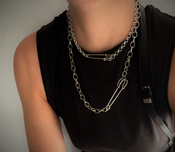 Set of Two Chains Safety Pin Necklace 