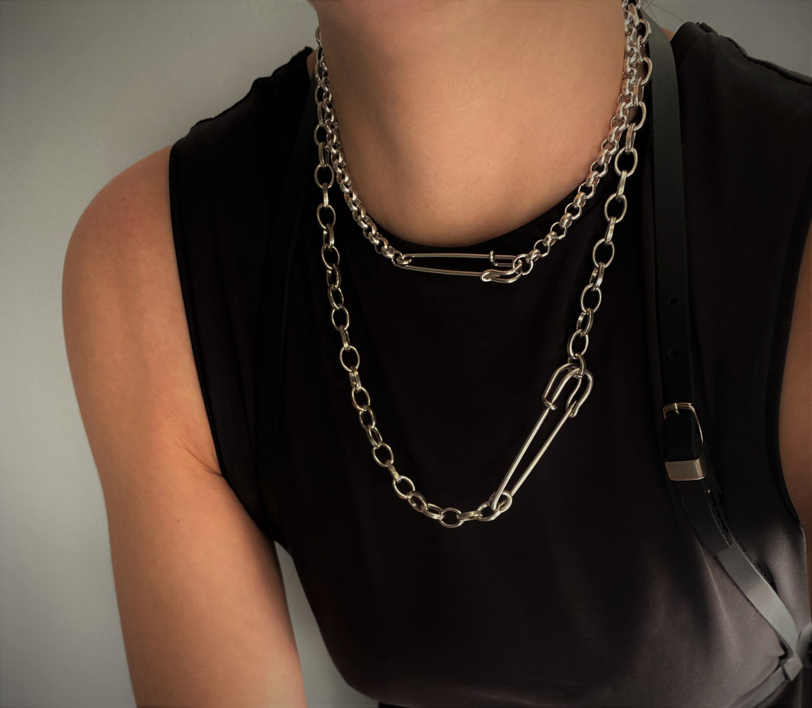 Set of Two Chains Safety Pin Necklace 