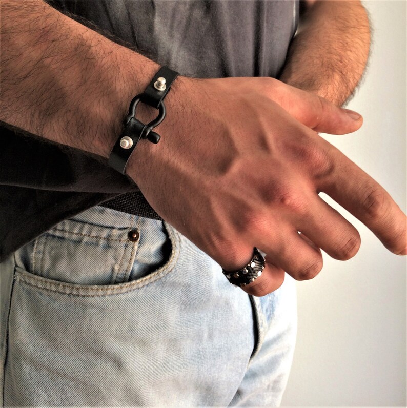 Black Shackle Bracelet Mens Wrap Leather Urban Bracelet Mens Etsy