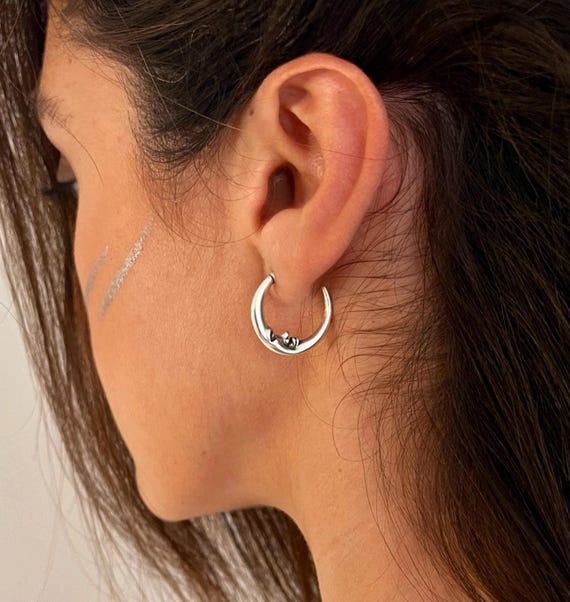 Silver small moon face hoop earrings, dainty half moon stud earrings,  womens everyday stud earrings, celestial jewelry, christmas gift idea