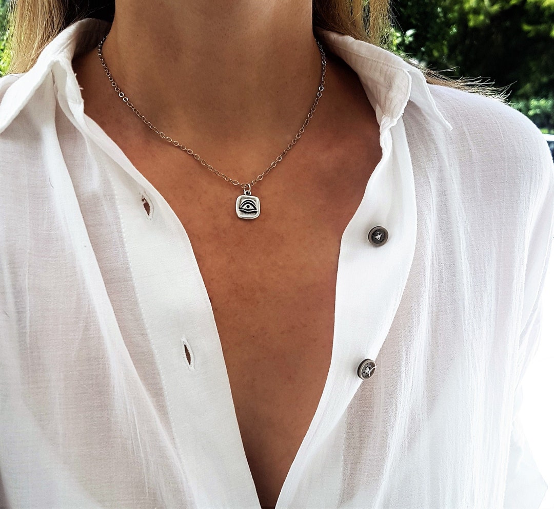 Evil Eye Protection Charm Pendant, Engraved Antique Silver Eye Necklace