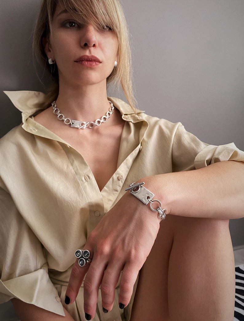 Frauen Antik Silber Halsband, mutige Kette Silber ID-Tag-Kragen, klobige Kette-Rock-Stil Kragen Halskette, gewagte einzigartige Kette Choker Bild 7