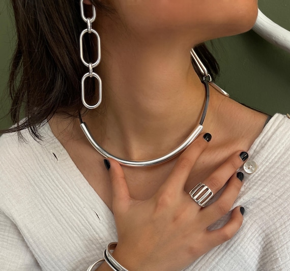 Shiny Silver Half Collar Leather Necklace• Curved Metal Tube