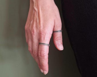 Minimalist Textured Dark Silver Open Ring: Narrow Stacking Adjustable Everyday Band Ring