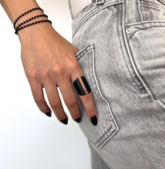 Matte black adjustable wide band ring, minimal spike open ring, womens black statement ring, black rock style ring, womens black jewelry