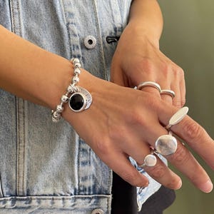 Pulsera de plata para mujer, pulsera de cadena gruesa con piedra negra, pulsera de cadena de bolas gruesa de plata, pulsera estilo Uno de 50, regalo para mujer imagen 11