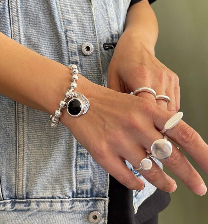 Pulsera de plata para mujer, pulsera de cadena gruesa con piedra negra, pulsera de cadena de bolas gruesa de plata, pulsera estilo Uno de 50, regalo para mujer imagen 11