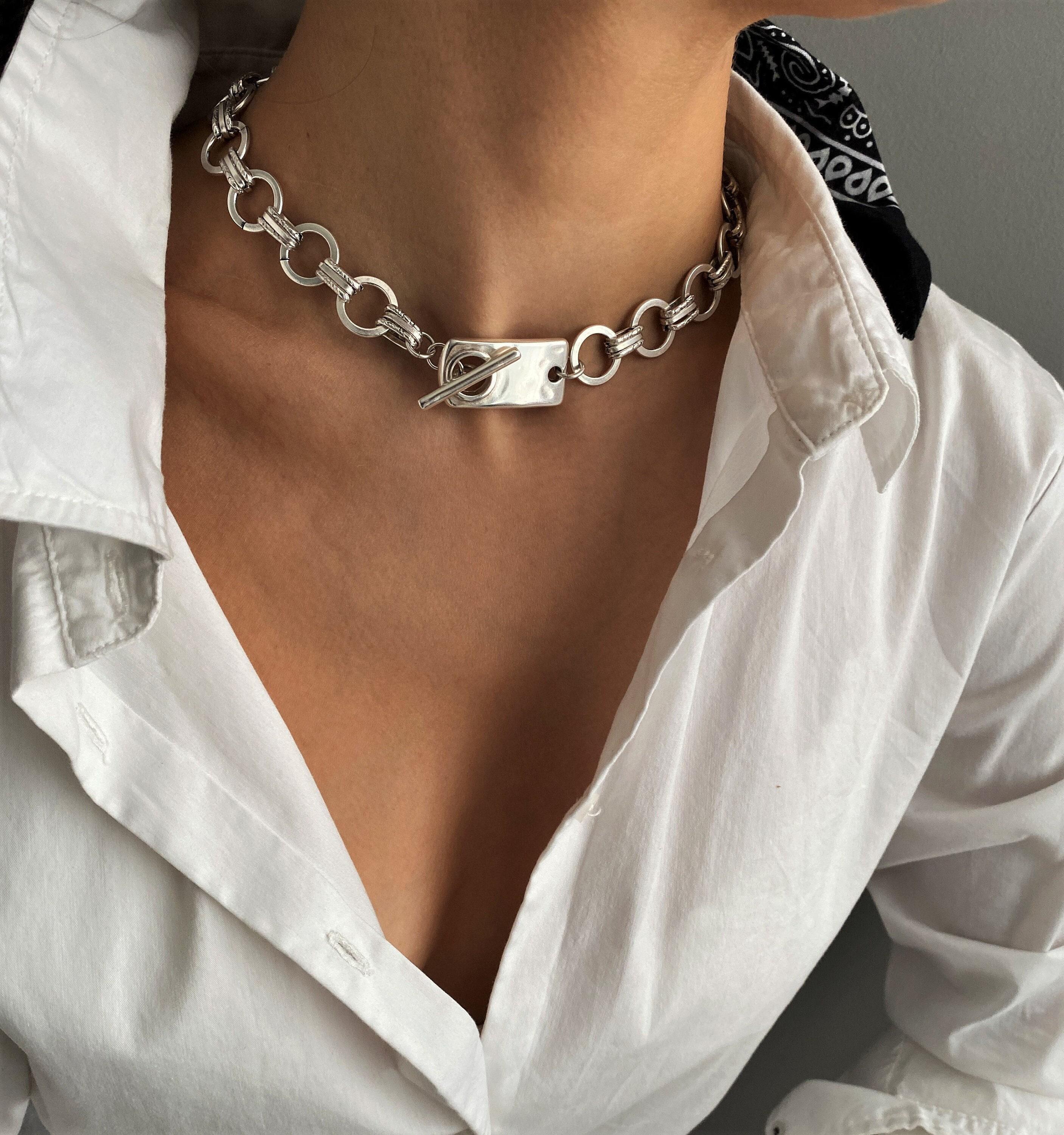 Womens Antique Silver Statement Choker, Bold Chain Silver ID Tag