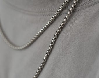 Antique Silver Mens Box Chain Necklace• Unisex Box Link
