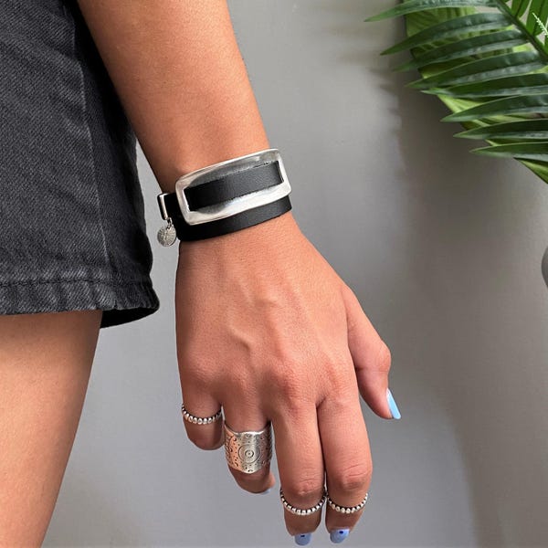 Shiny Silver Statement Flat Wrap Leather Bracelet• Uno De 50 Style Bracelet• Metallic Tag Magnetic Closure Bracelet AnAngelsHug• Unisex Gift