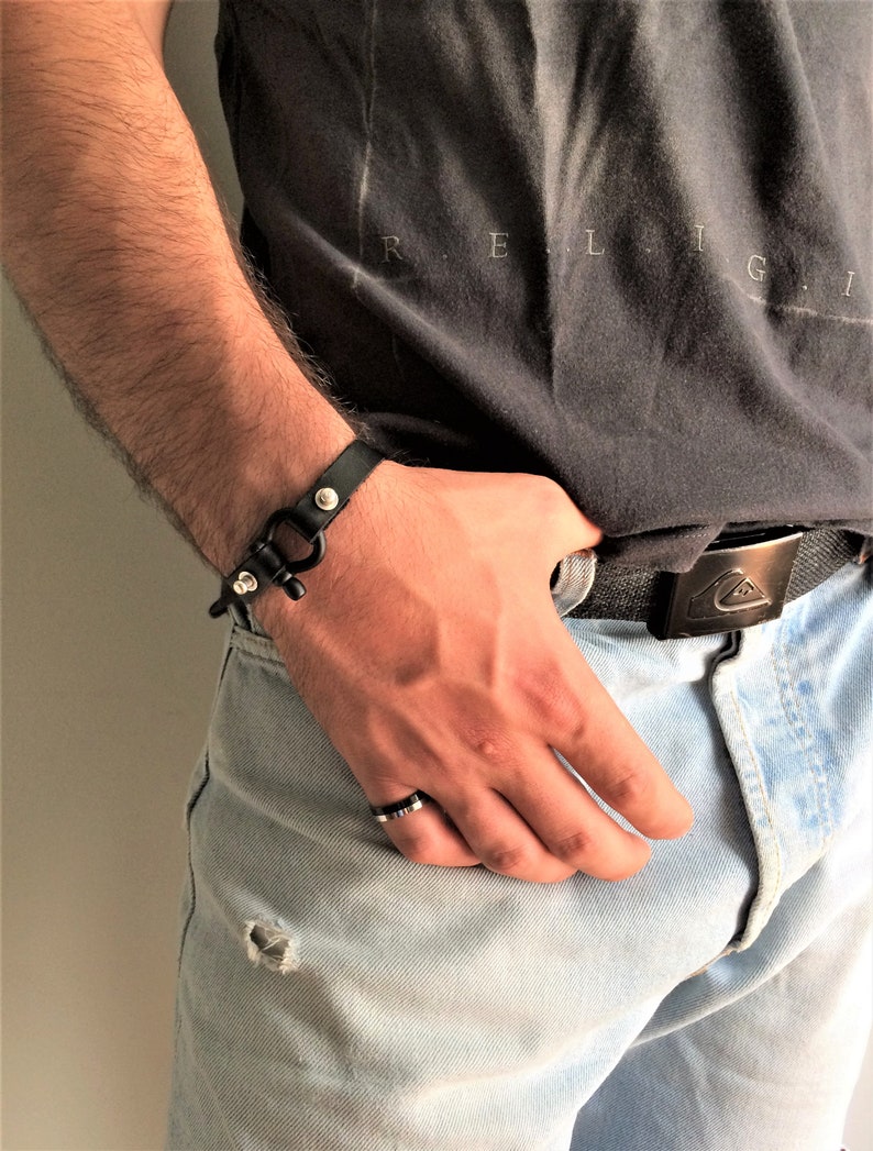 Black Shackle Bracelet Mens Wrap Leather Urban Bracelet Mens Etsy