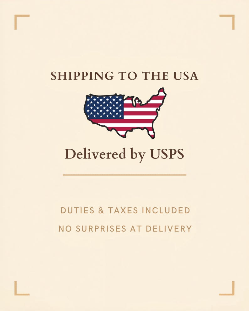 May include: A cream-coloured informational graphic featuring the text SHIPPING TO THE USA, a map of the United States filled with the American flag pattern, the text Delivered by USPS, and the text DUTIES & TAXES INCLUDED NO SURPRISES AT DELIVERY.