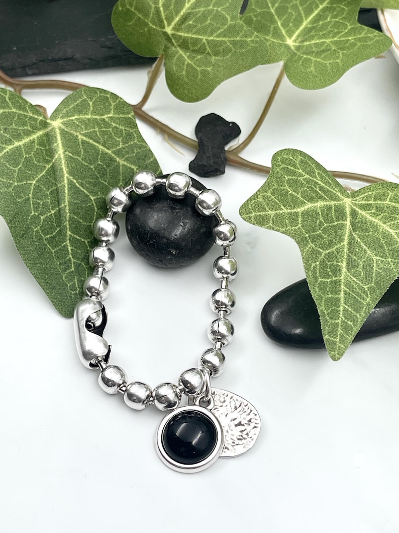 Pulsera de plata para mujer, pulsera de cadena gruesa con piedra negra, pulsera de cadena de bolas gruesa de plata, pulsera estilo Uno de 50, regalo para mujer imagen 5