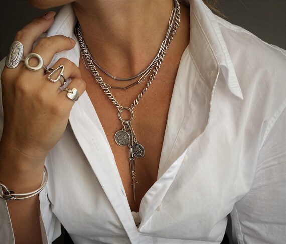 Silver triple strand layered adjustable choker, religious coins O ring multi chains necklace, bold lariat sword pendant, sharp edgy choker
