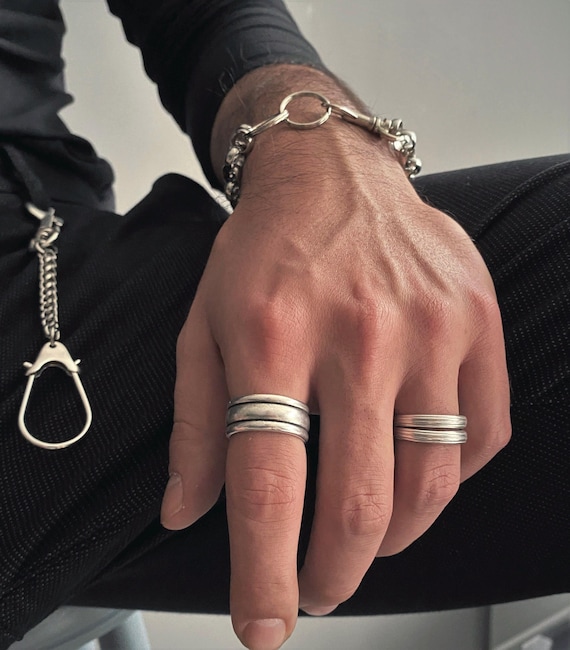 Mens Minimalist Thin Band Ring• Antique Silver Lines Ring