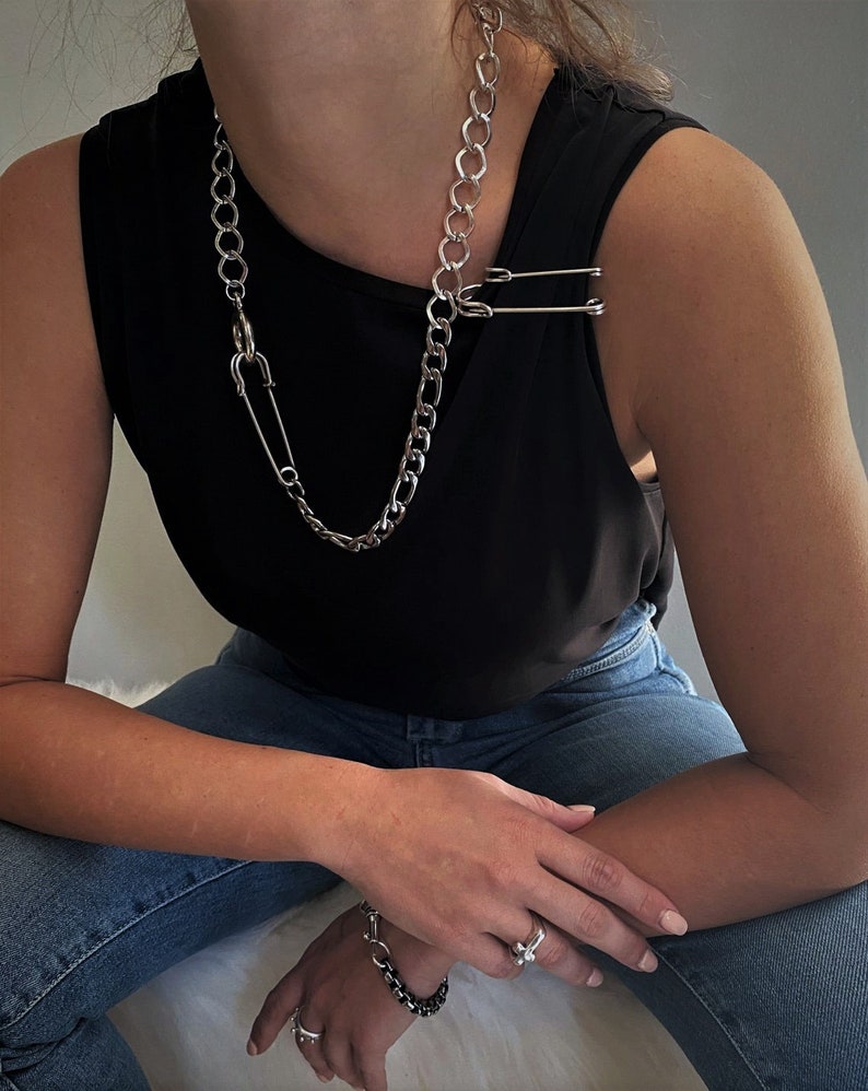 Chunky Mixed Chains Safety Pin Necklace Silver Safety Pin Etsy