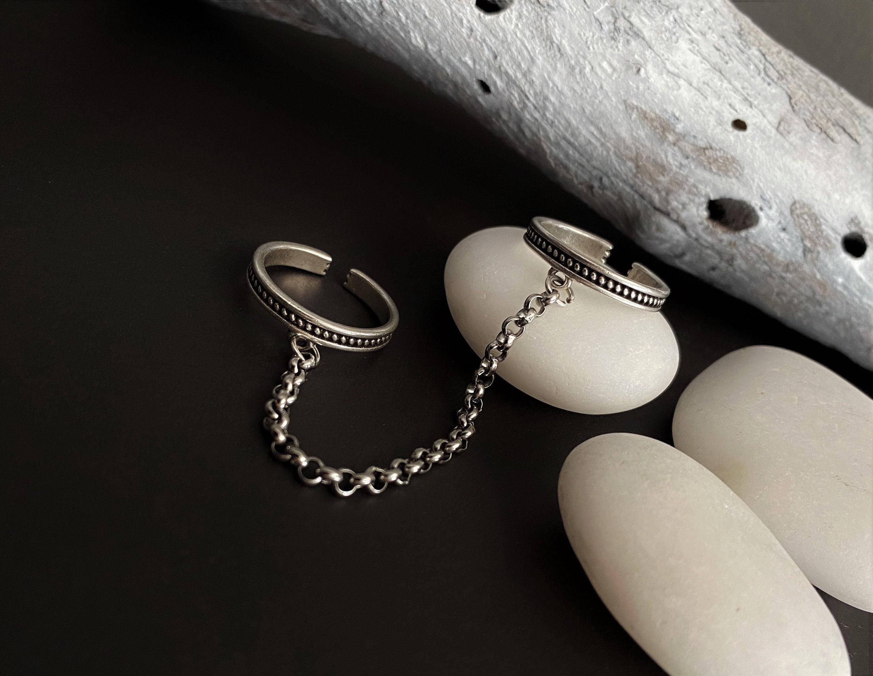 Silver Joined Chain Double Finger Rings, Connected Single Chain Band ...