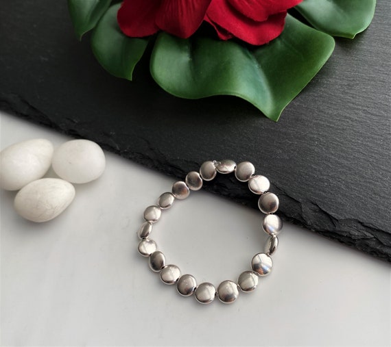Womens Silver Beads Stretchy Bracelet, Silver Disks Elastic