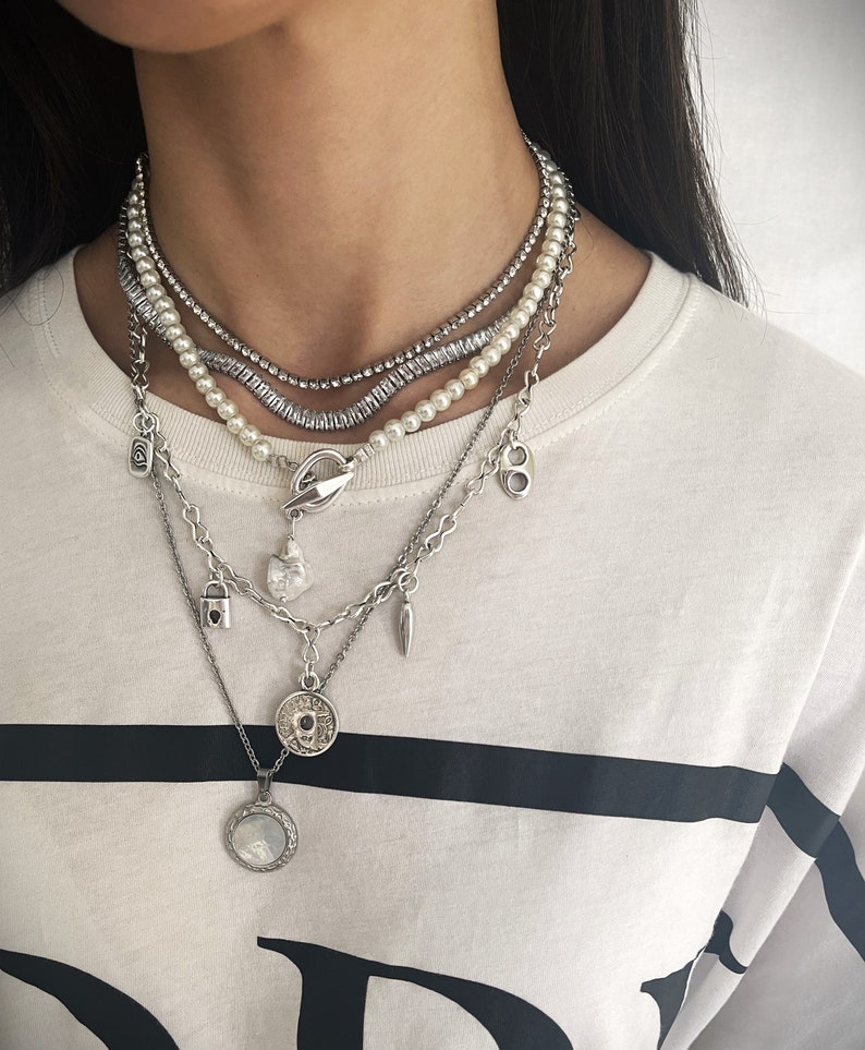 Multi-Layered Chains TENNIS CRYSTAL Necklaces• Pearl Statement Necklace• Round Disc Shell Pendants Set• Zircon Riviera Choker By AnAngelsHug