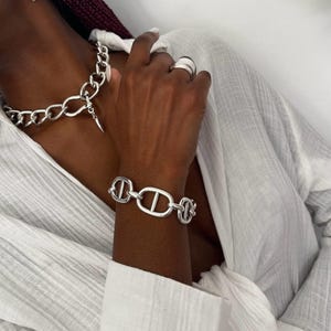Chunky Geometric Heavy Oval Links Bracelet: Sterling Silver Plated Toggle Clasp Sturdy Cuff