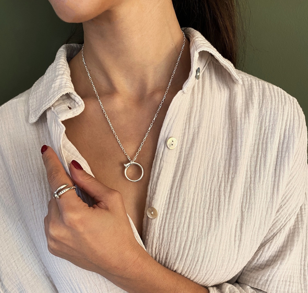 Dainty Sterling Silver Necklace Ring Set Solid Silver Edgy Pendant Unisex Screw Ring Shiny